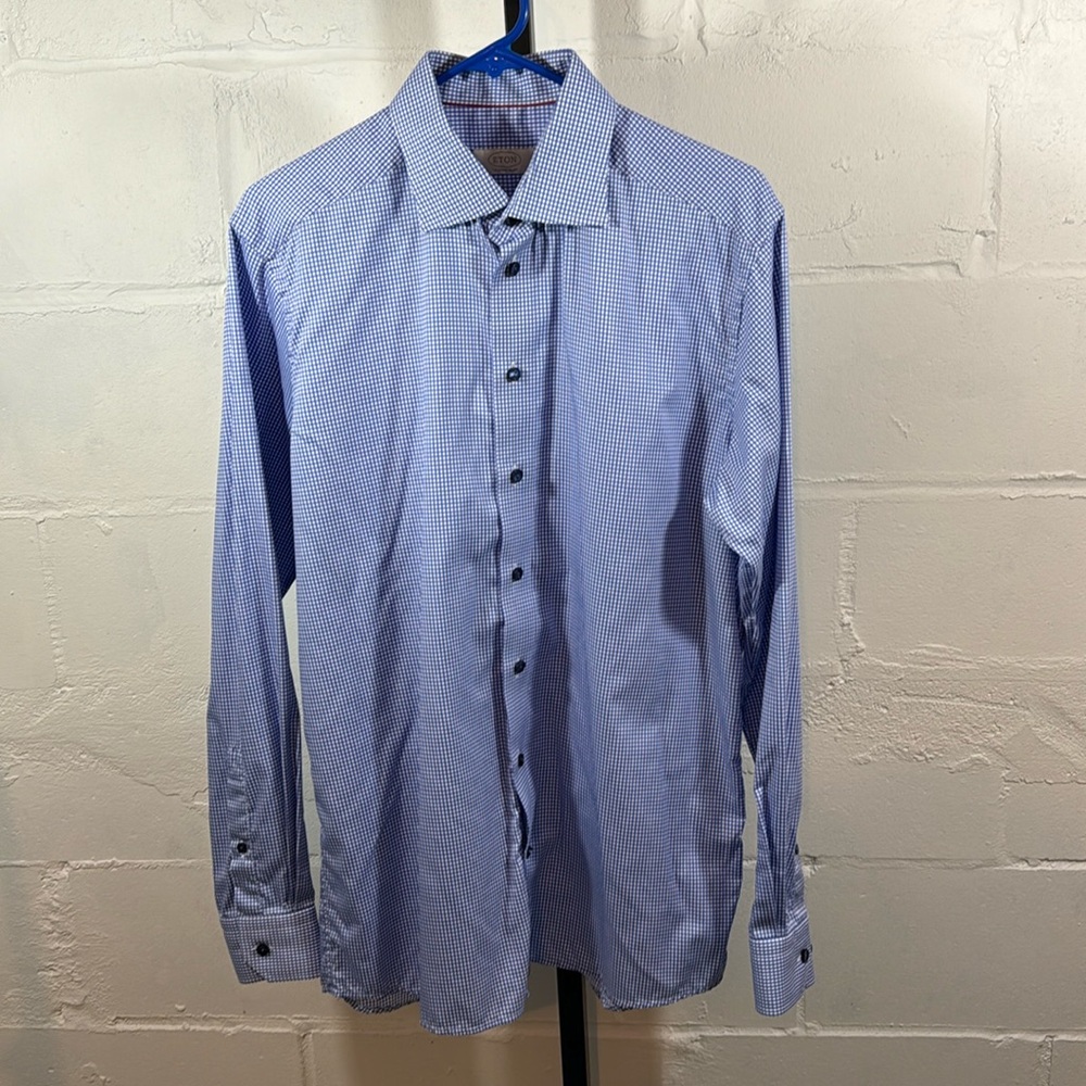 ETON Checked Button Down Shirt Size 41 16” Neck Blue White Long Sleeve